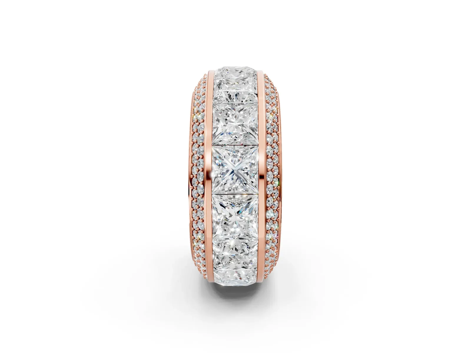 Princess Diamond Pavé Mens Wedding Band with Round Diamond Accents Rose gold