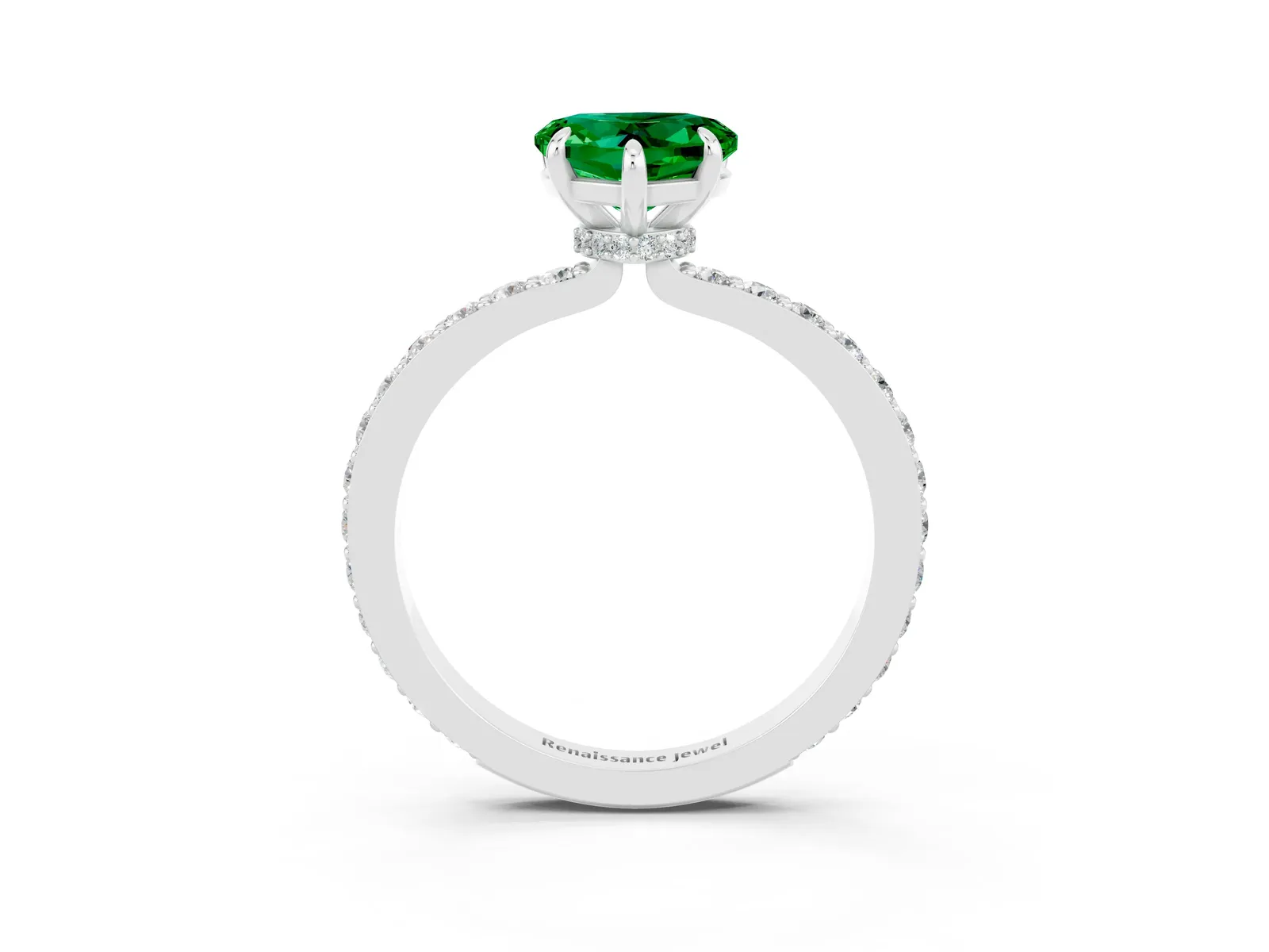 Heart Cut Emerald Solitaire Engagement Ring with Pavé Band and Four-Prong Setting Platinum