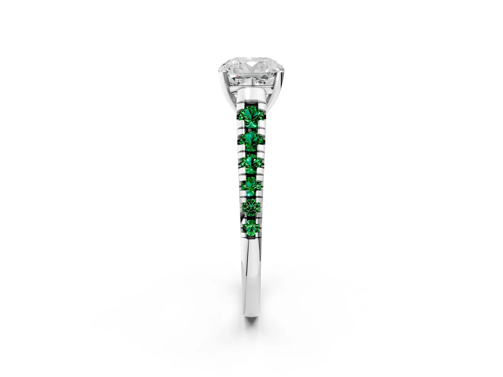 Cushion Cut Diamond Cathedral Solitaire Ring with Round Emerald Pavé Band Platinum