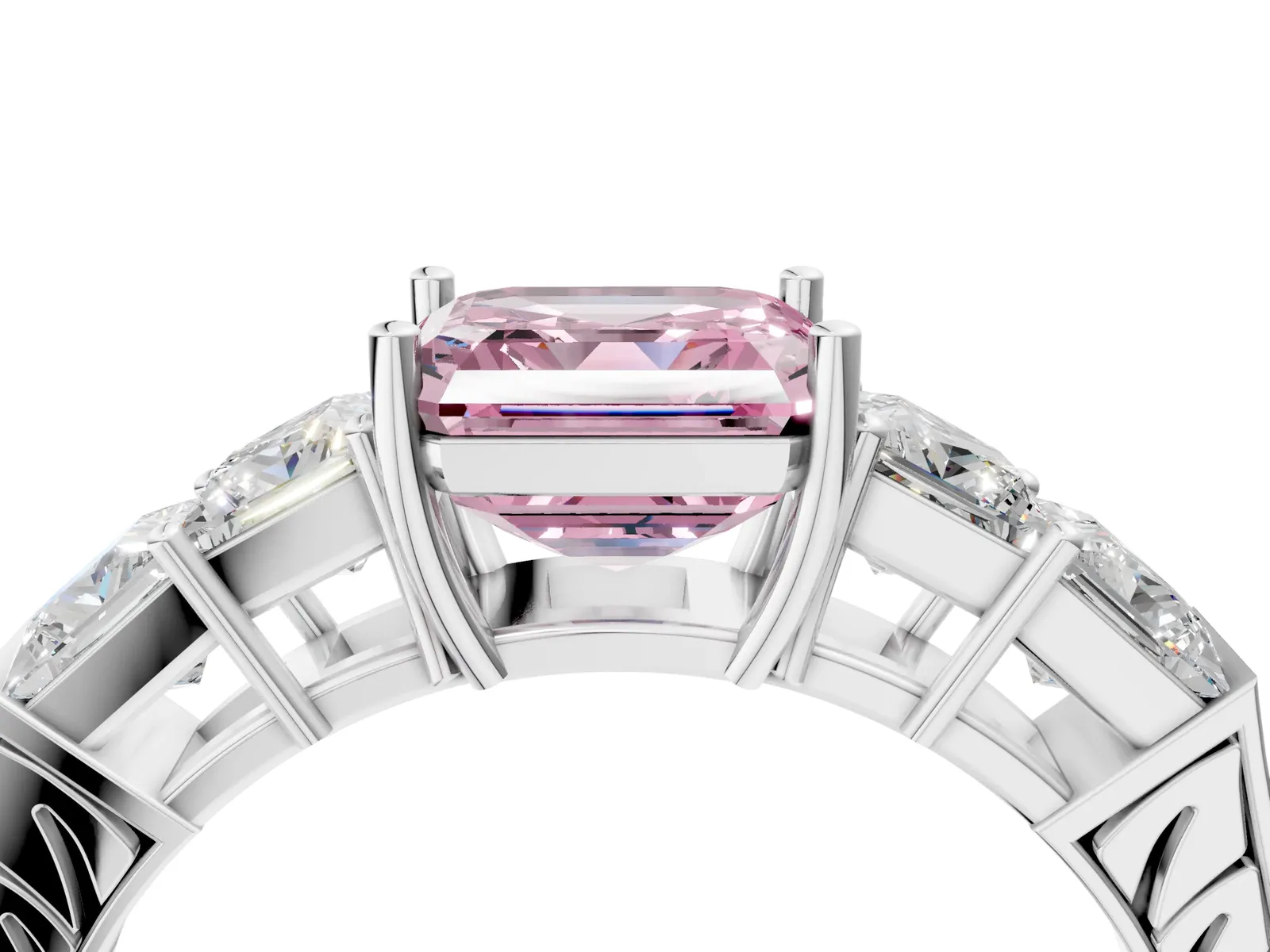 Fancy Pink Asscher Cut Solitaire Princess Side Stone Engraved Band Prong Setting Ring Platinum