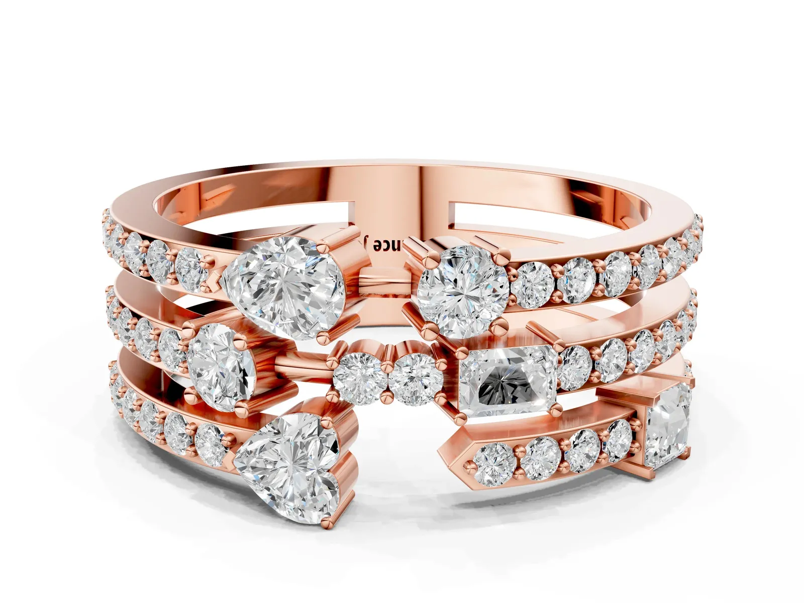 Mixed Shape Diamond Multi Row Promise Ring with Round Diamond Accents Rose gold