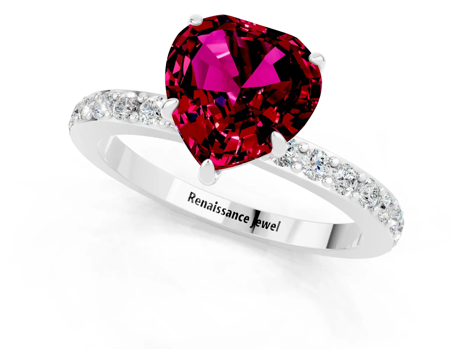 Heart Cut Garnet Solitaire Engagement Ring with Pavé Band and Four-Prong Setting Platinum
