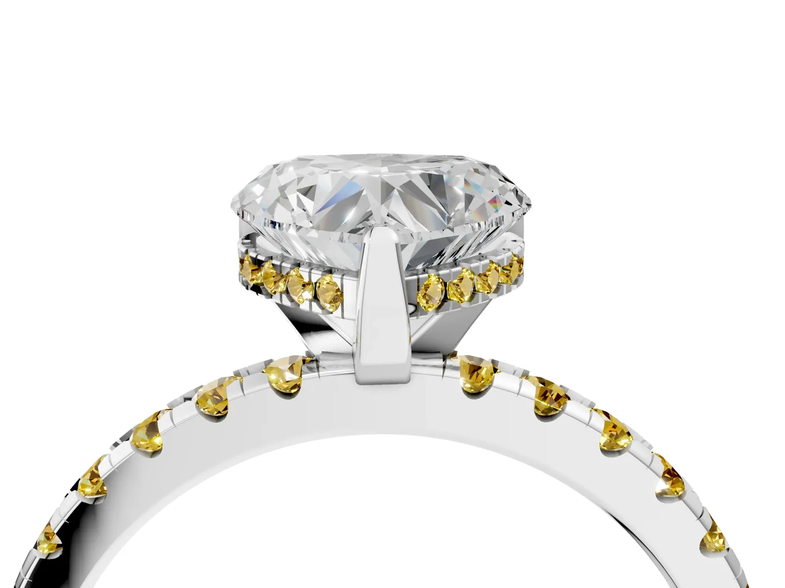 Heart Cut Diamond Solitaire Ring with Round Yellow Sapphire Pavé Band and Four-Prong Setting Platinum