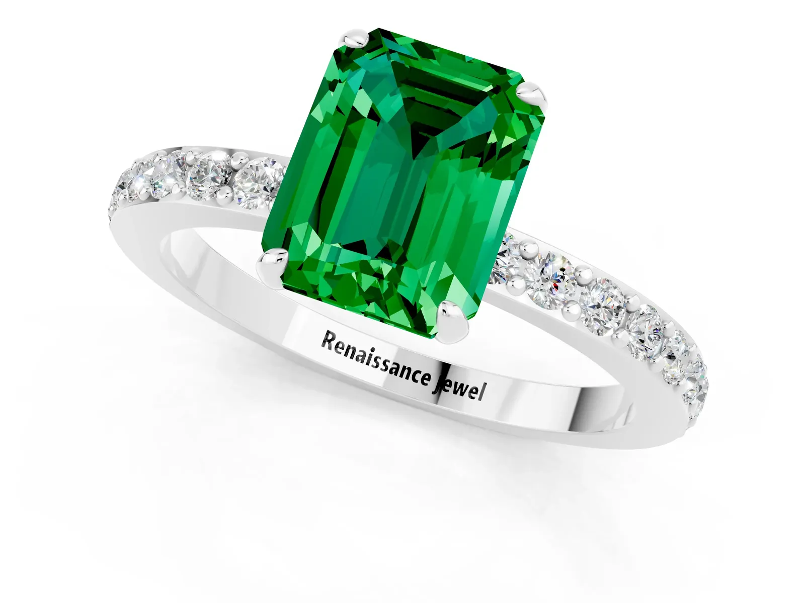 Emerald Cut Emerald Solitaire Engagement Ring with Pavé Band and Four-Prong Setting Platinum