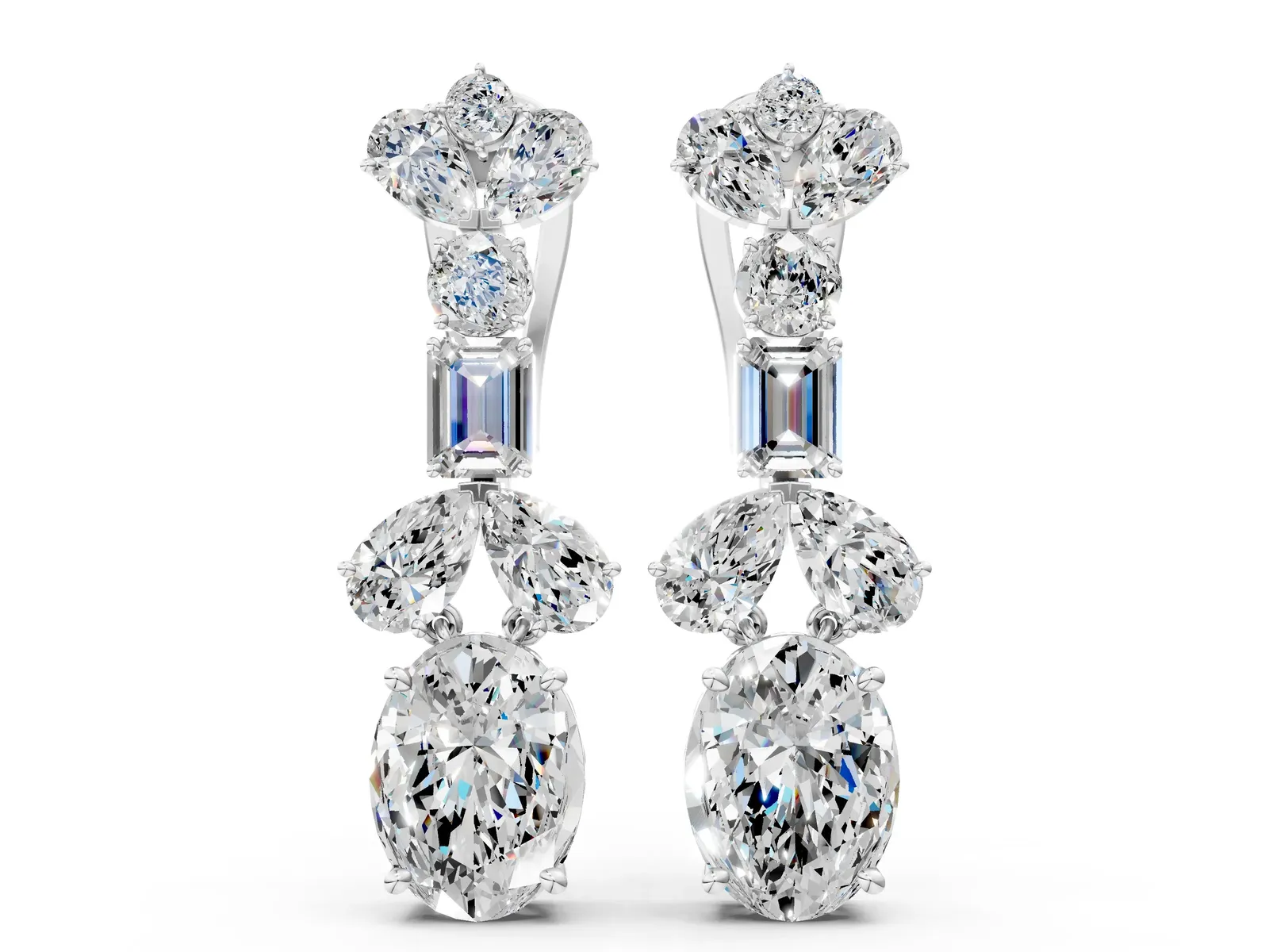 Pear, Baguette and Oval Diamond Monaco Drop Earrings Silver