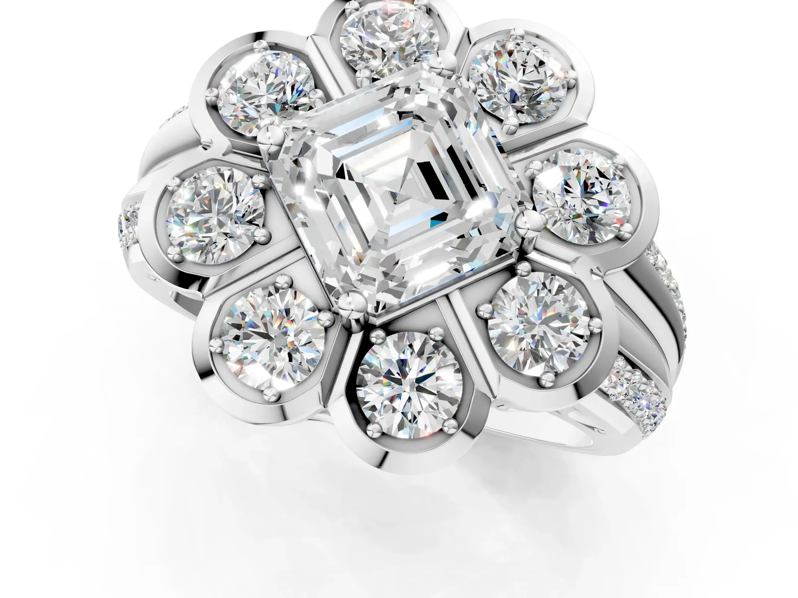 Asscher Cut Brilliant Flower Halo Diamond Split Shank Ring Platinum