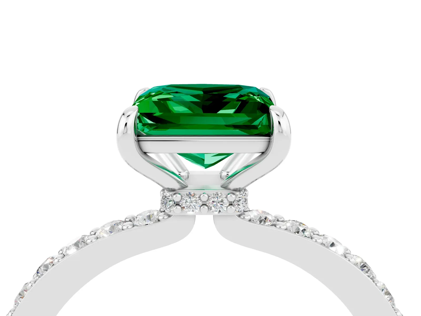 Princess Cut Emerald Solitaire Engagement Ring with Pavé Band and Four-Prong Setting Platinum