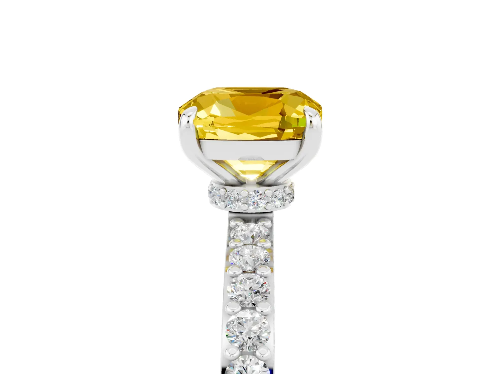 Cushion Cut Yellow Sapphire Solitaire Engagement Ring with Pavé Band and Four-Prong Setting Platinum