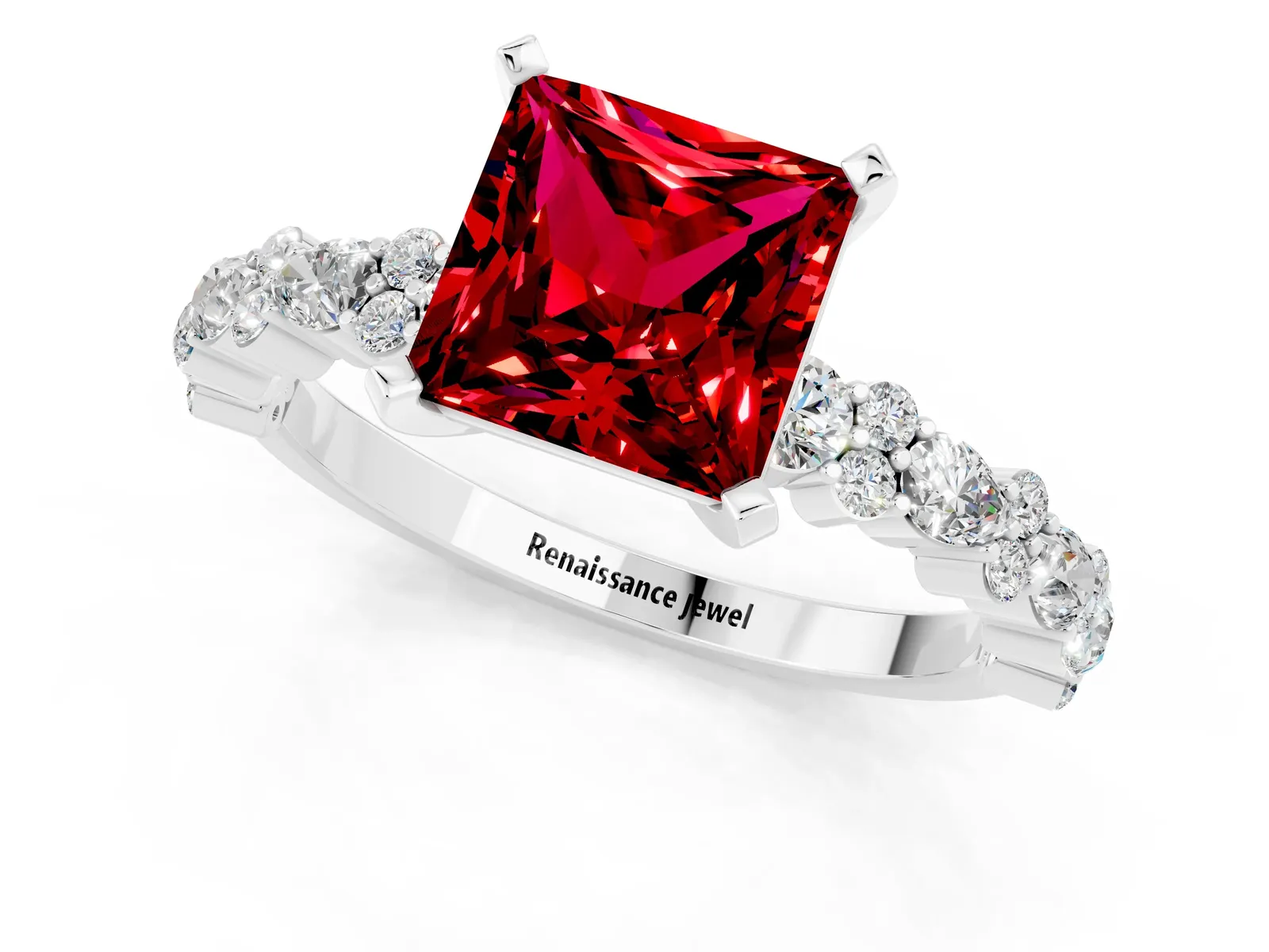 Princess Cut Ruby Side Stone Solitaire Ring with Round and Four-Prong Setting Platinum