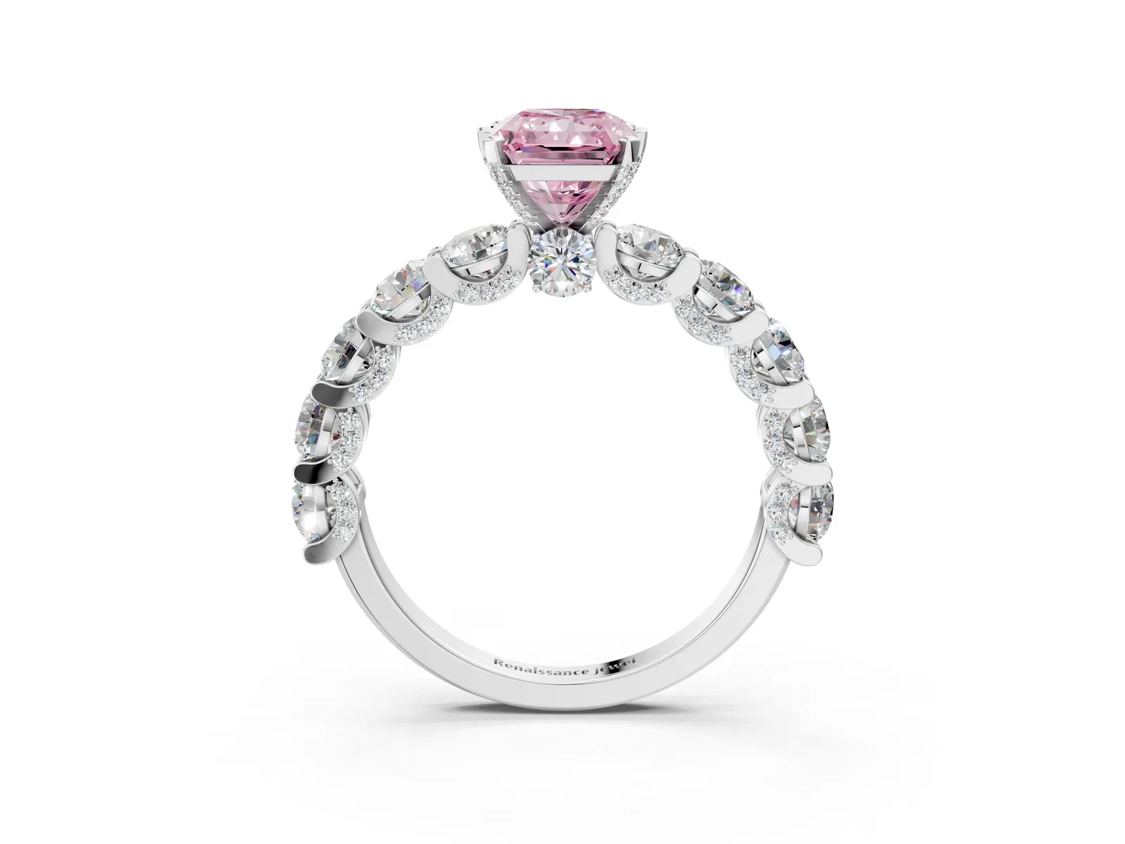 Fancy Pink Radiant Cut Diamond Side Stone Engagement Ring with Four-Prong Setting Platinum