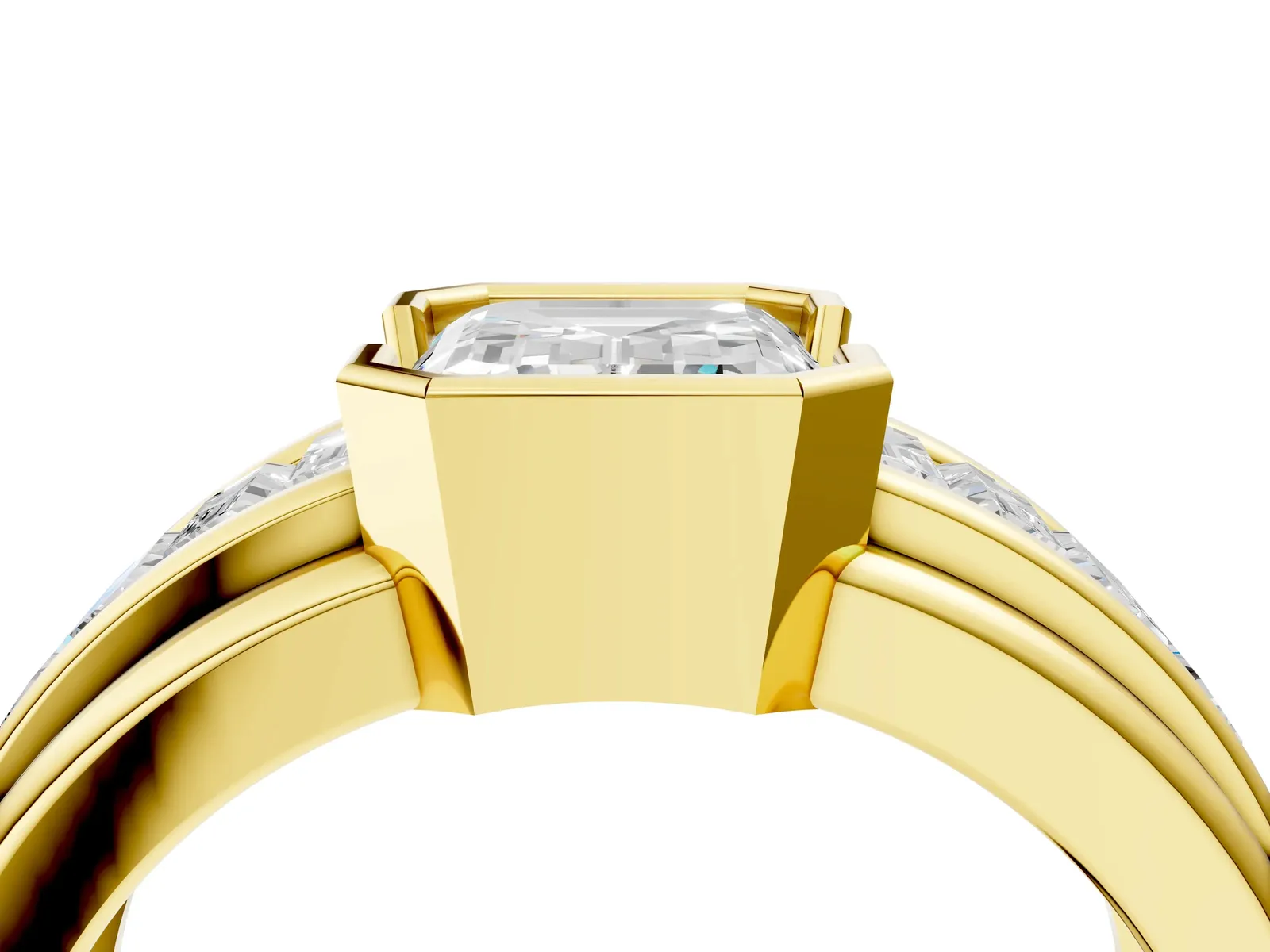 Emerald Cut Diamond Side Stone Engagement Ring Yellow gold
