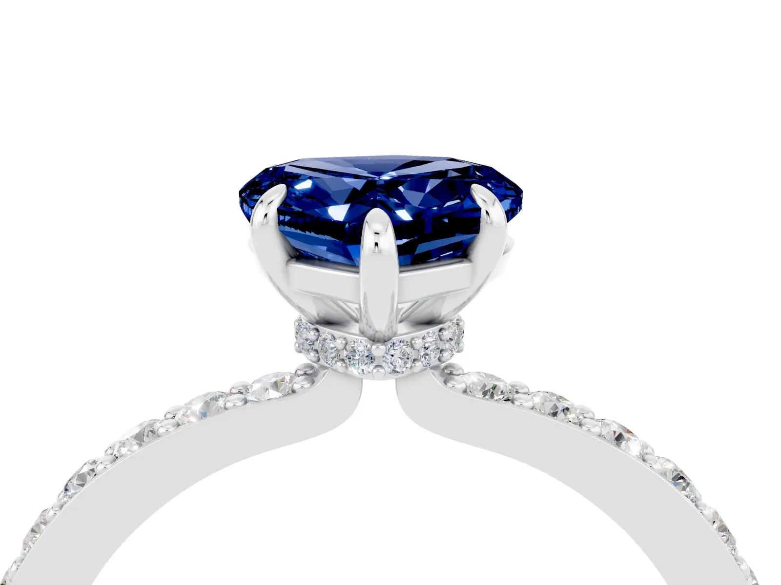 Heart Cut Blue Sapphire Solitaire Engagement Ring with Pavé Band and Four-Prong Setting Platinum