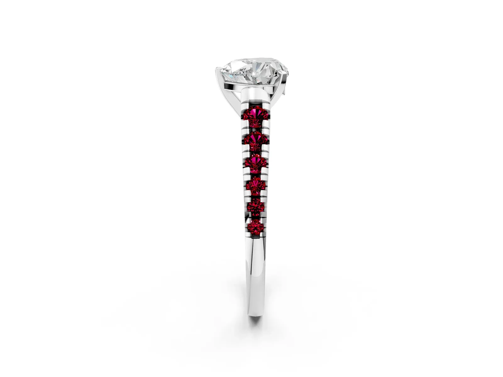 Heart Cut Diamond Cathedral Solitaire Ring with Round Garnet Pavé Band Platinum