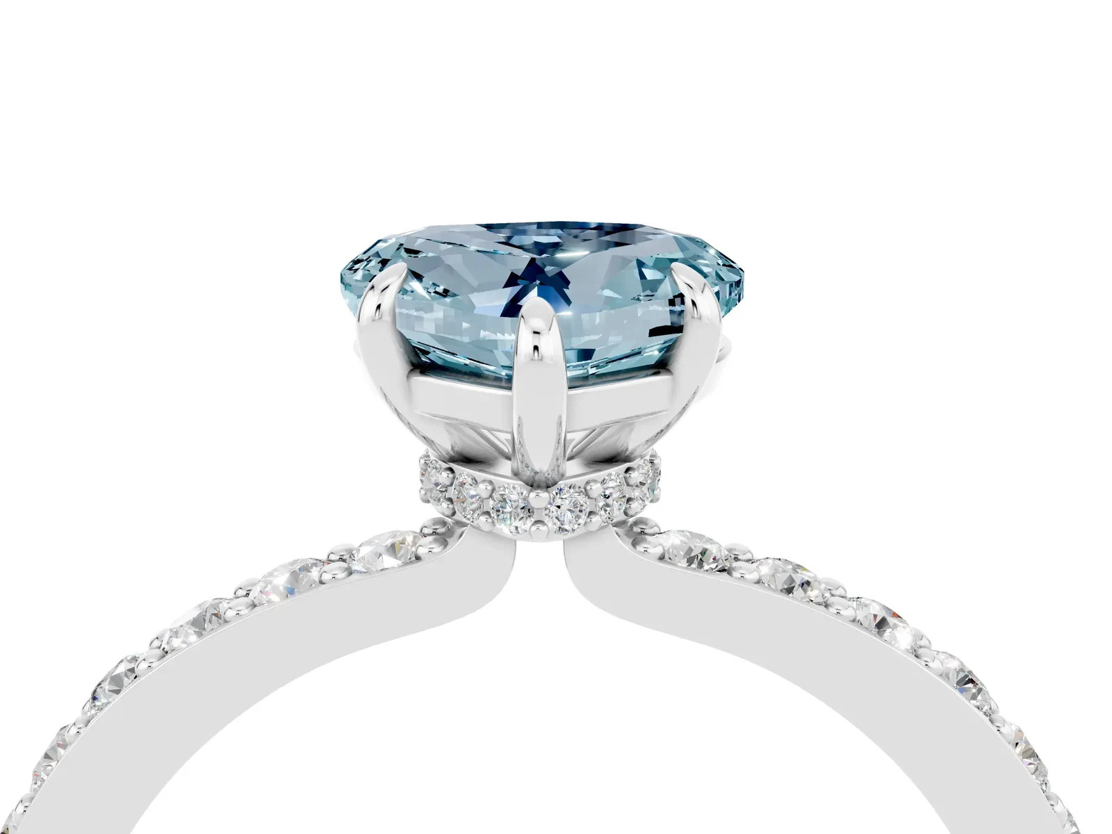 Heart Cut Aquamarine Solitaire Engagement Ring with Pavé Band and Four-Prong Setting Platinum
