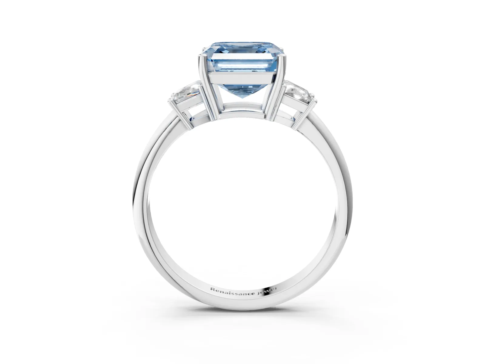 Fancy Blue Asscher Cut Diamond Three-Stone Ring with Trapezoid Side Stones and Prong Setting Platinum