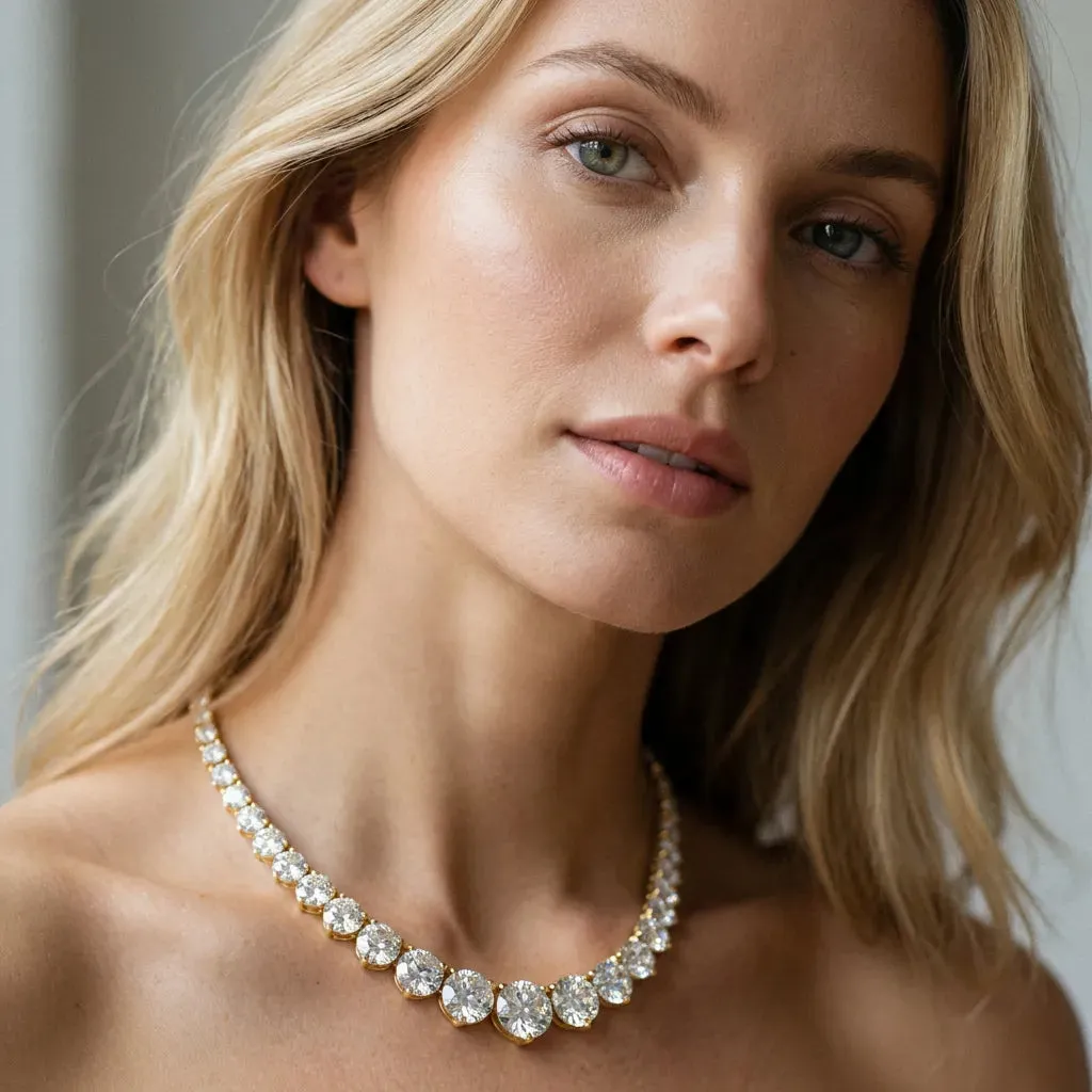 Round Cut Brilliant Graduated Diamond Tennis Necklace with Four-Prong Setting Yellow gold