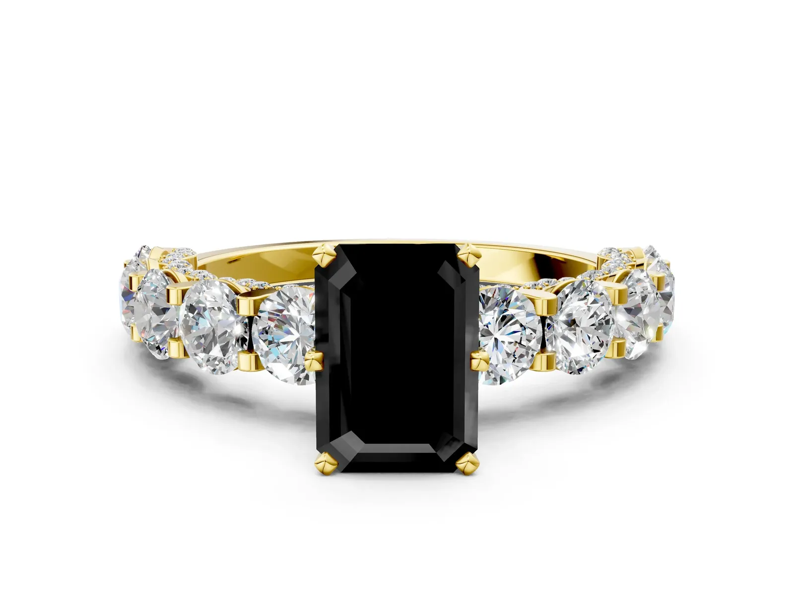 Fancy Black Emerald Cut Diamond Side Stone Engagement Ring with Four-Prong Setting Yellow gold