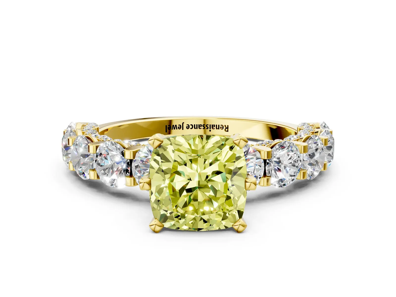 Fancy Yellow Cushion Cut Diamond Side Stone Engagement Ring with Four-Prong Setting Yellow gold