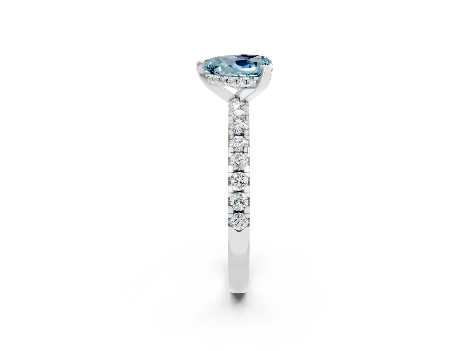 Heart Cut Aquamarine Solitaire Ring with Round Pavé Band and Four-Prong Setting Platinum