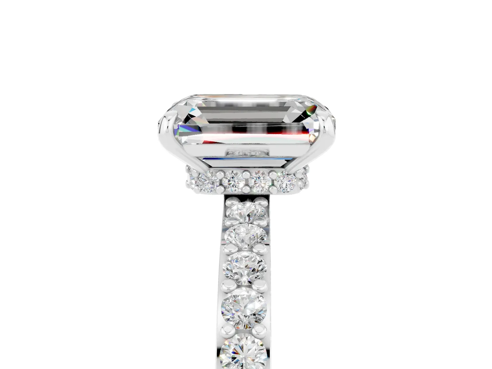 Emerald Cut Moissanite Solitaire Engagement Ring with Pavé Band and Four-Prong Setting Platinum