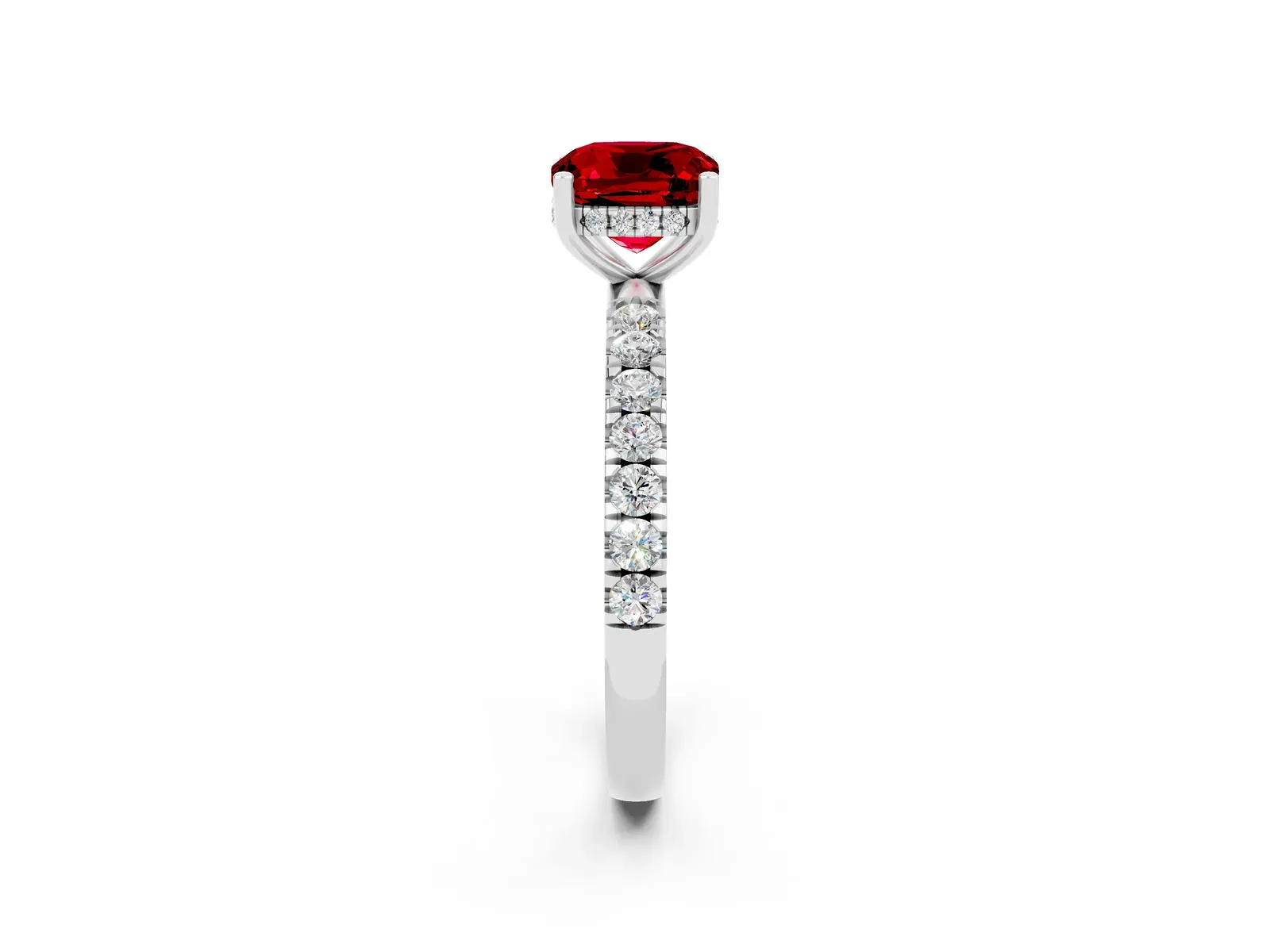 Cushion Cut Ruby Pave Band Solitaire Ring with Round and Prong Setting Platinum