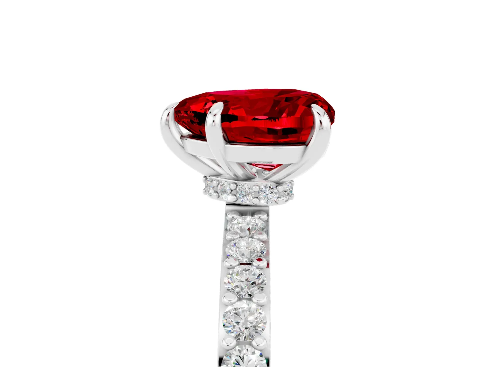 Heart Cut Ruby Solitaire Engagement Ring with Pavé Band and Four-Prong Setting Platinum