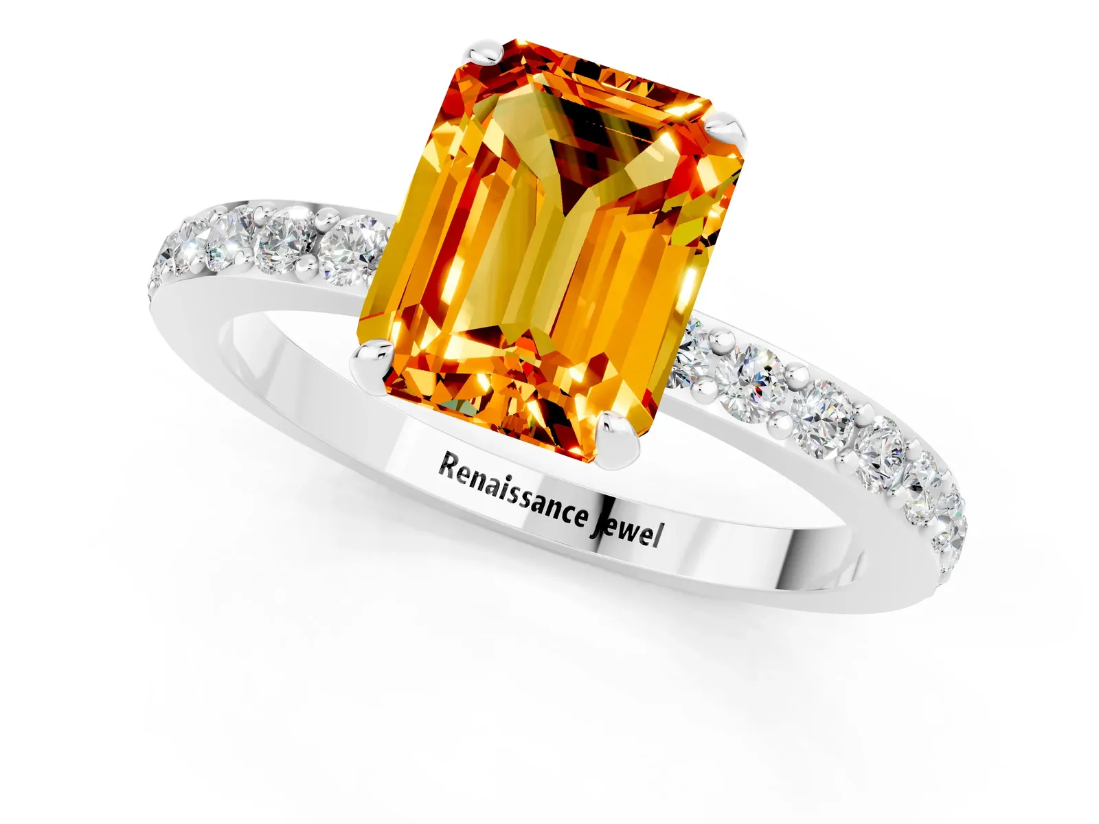 Emerald Cut Citrine Solitaire Engagement Ring with Pavé Band and Four-Prong Setting Platinum
