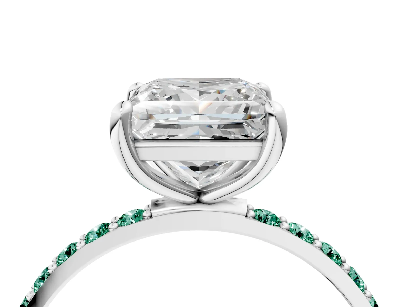 Princess Cut Diamond Solitaire Ring with Round Green Sapphire Pavé Band and Prong Setting Platinum