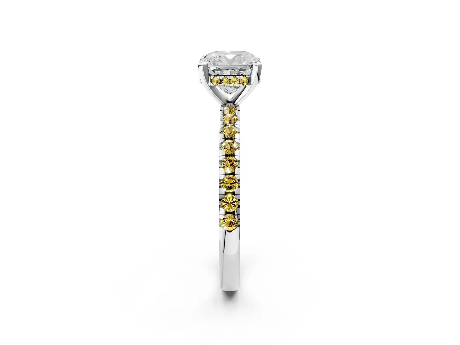 Cushion Cut Diamond Solitaire Ring with Round Yellow Sapphire Pavé Band and Four-Prong Setting Platinum