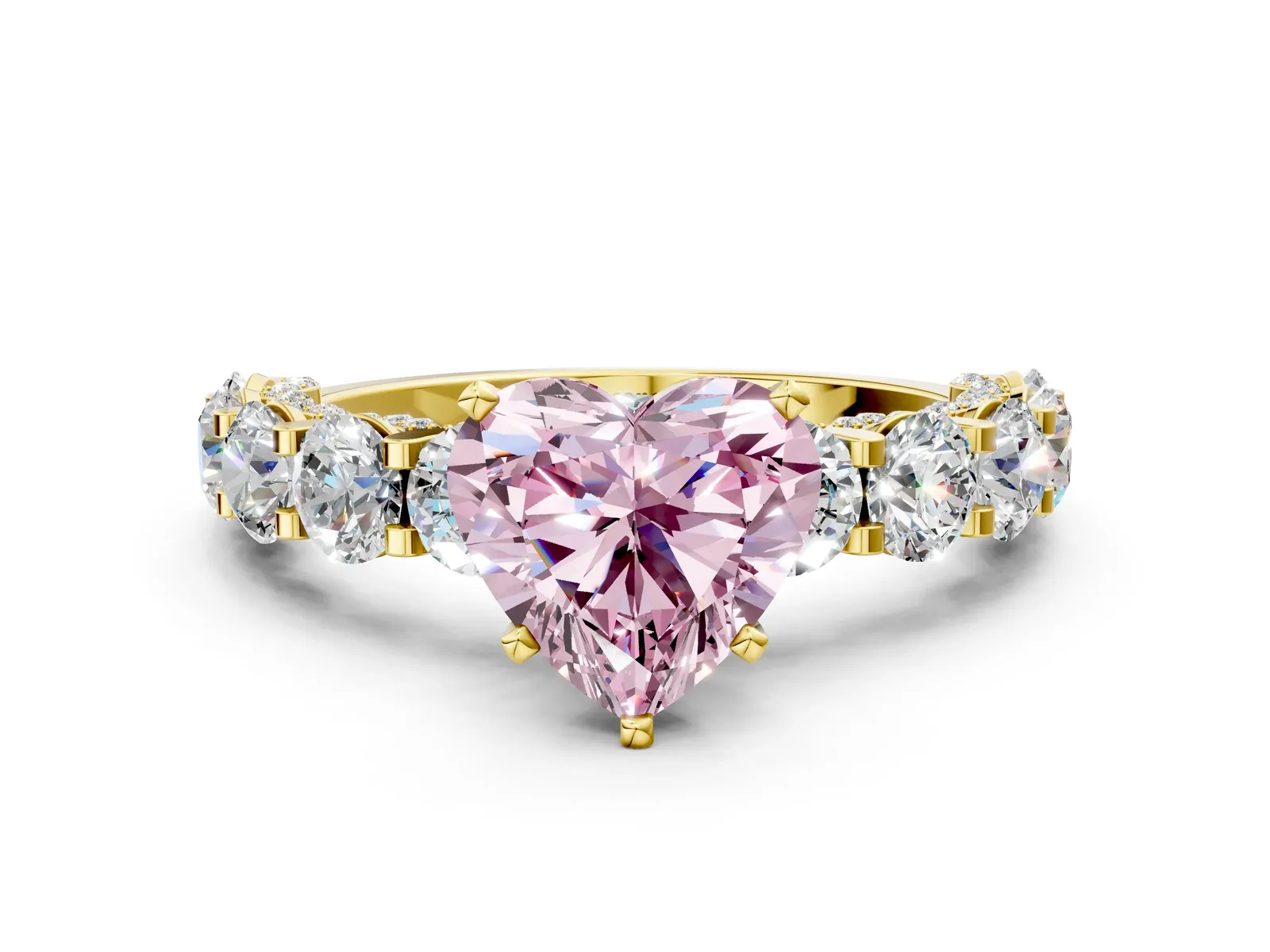 Fancy Pink Heart Cut Diamond Side Stone Engagement Ring with Four-Prong Setting Yellow gold