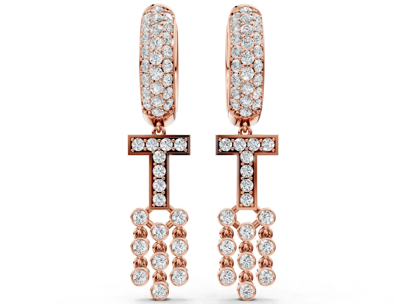 Round Diamond Initial T Huggie Hoop Earrings Rose gold