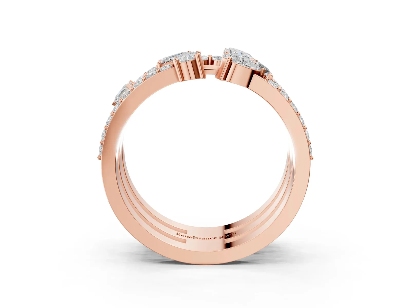 Mixed Shape Diamond Multi Row Promise Ring with Round Diamond Accents Rose gold