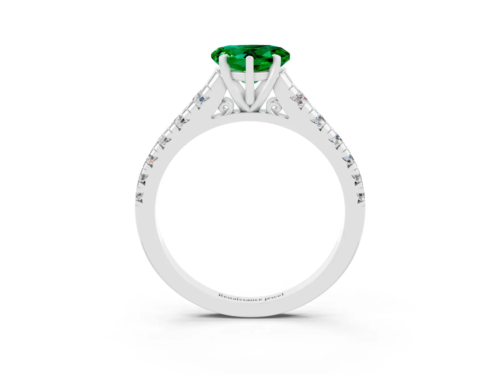 Heart Cut Emerald Cathedral Solitaire Ring with Round Pavé Band Platinum