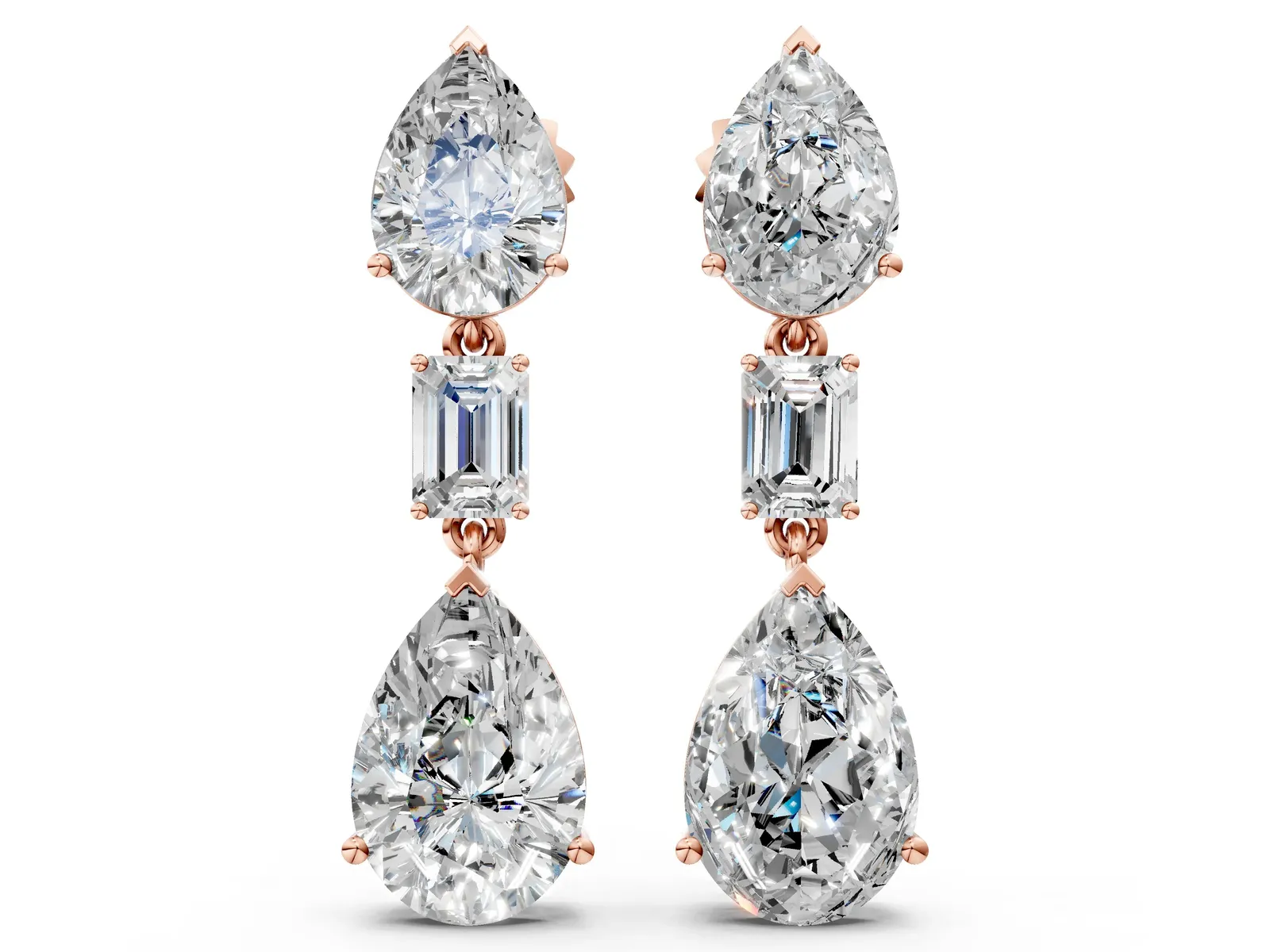 Pear Diamond Drop Earrings with Emerald and Pear Lab Grown Diamond Accents Rose gold