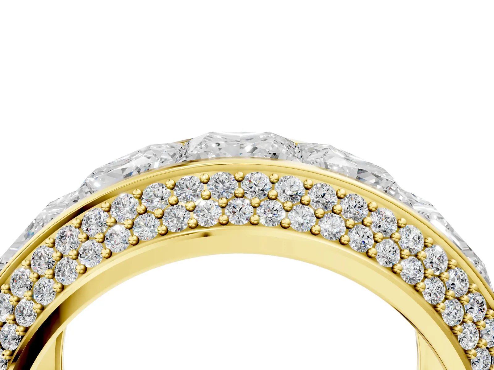 Princess Diamond Pavé Mens Wedding Band with Round Diamond Accents Yellow gold