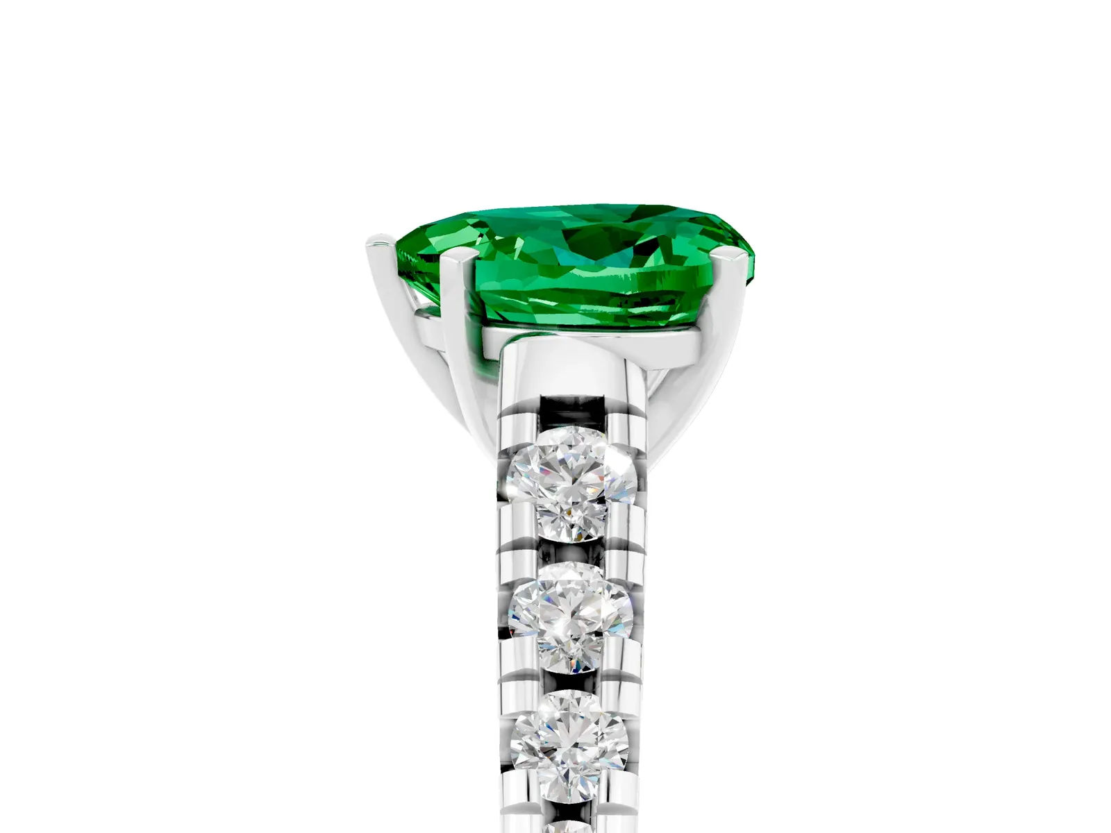 Heart Cut Emerald Cathedral Solitaire Ring with Round Pavé Band Platinum