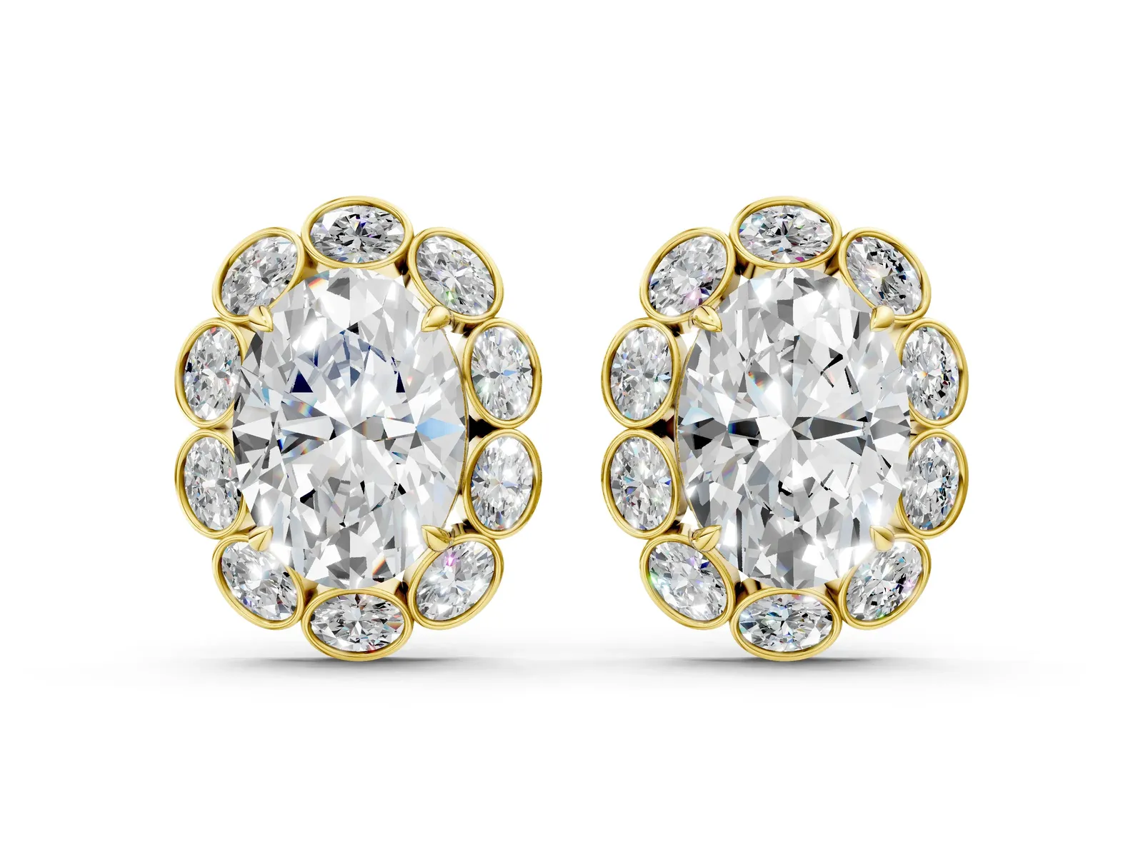 Oval Diamond Halo Stud Earrings with Oval Diamond Accents Yellow gold