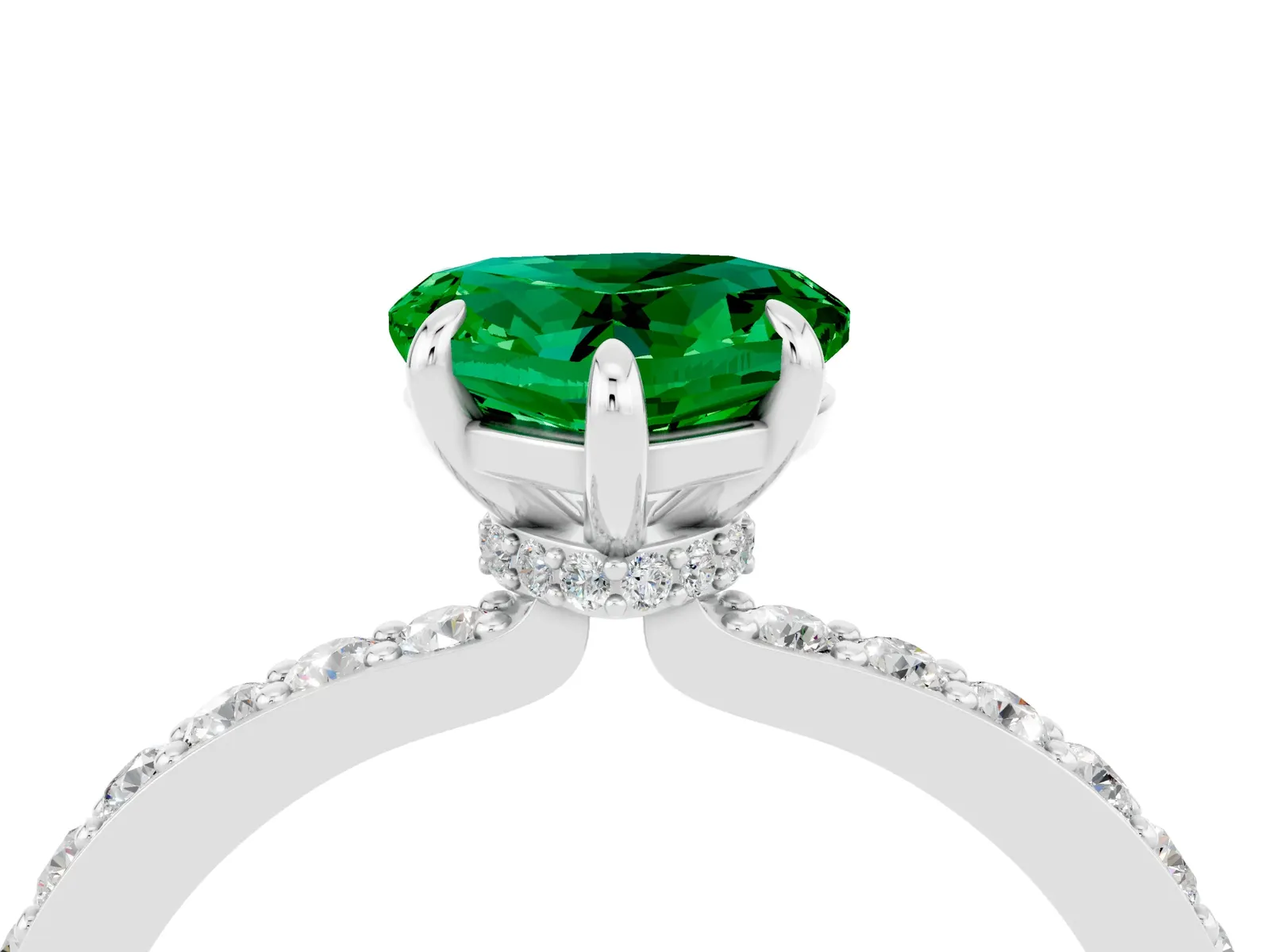Heart Cut Emerald Solitaire Engagement Ring with Pavé Band and Four-Prong Setting Platinum