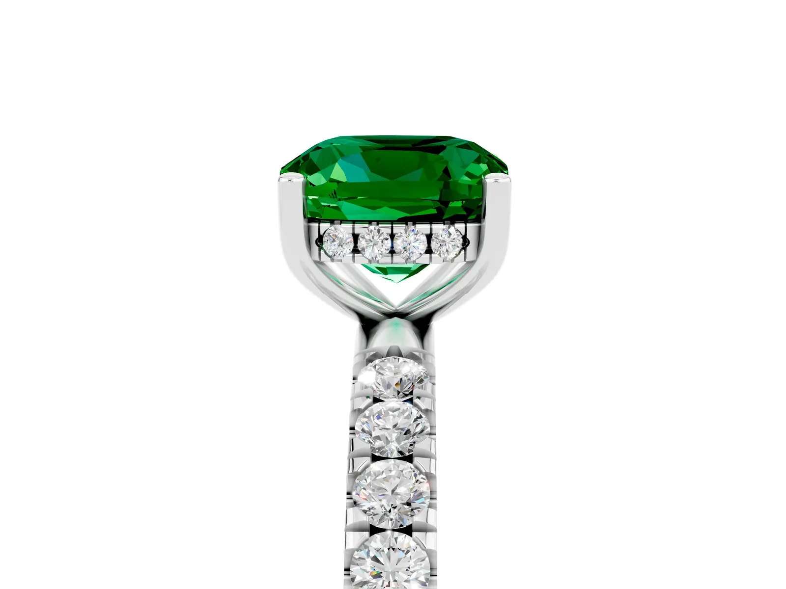 Cushion Cut Emerald Pave Band Solitaire Ring with Round and Prong Setting Platinum