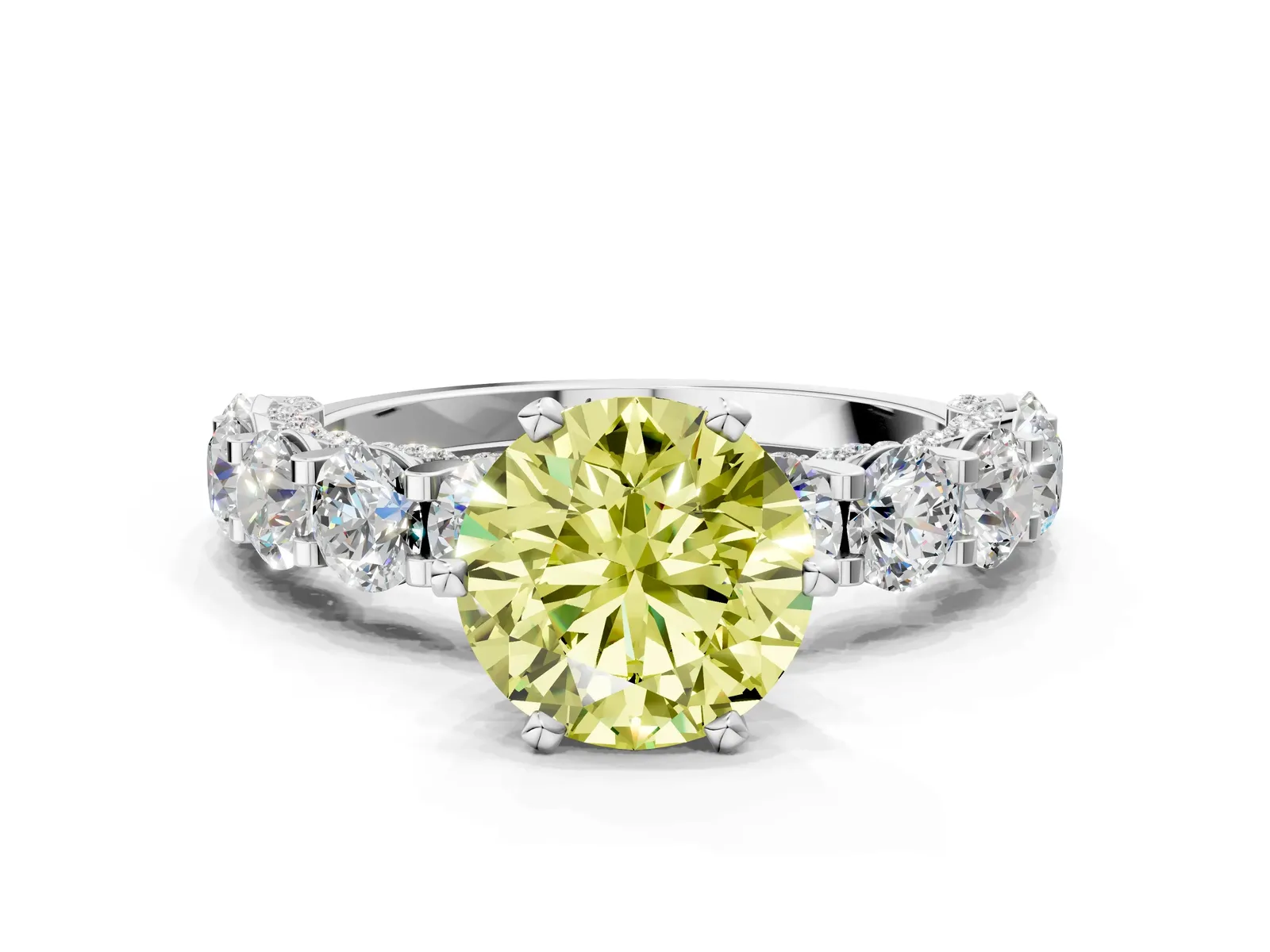 Fancy Yellow Round Cut Diamond Side Stone Engagement Ring with Four-Prong Setting Silver