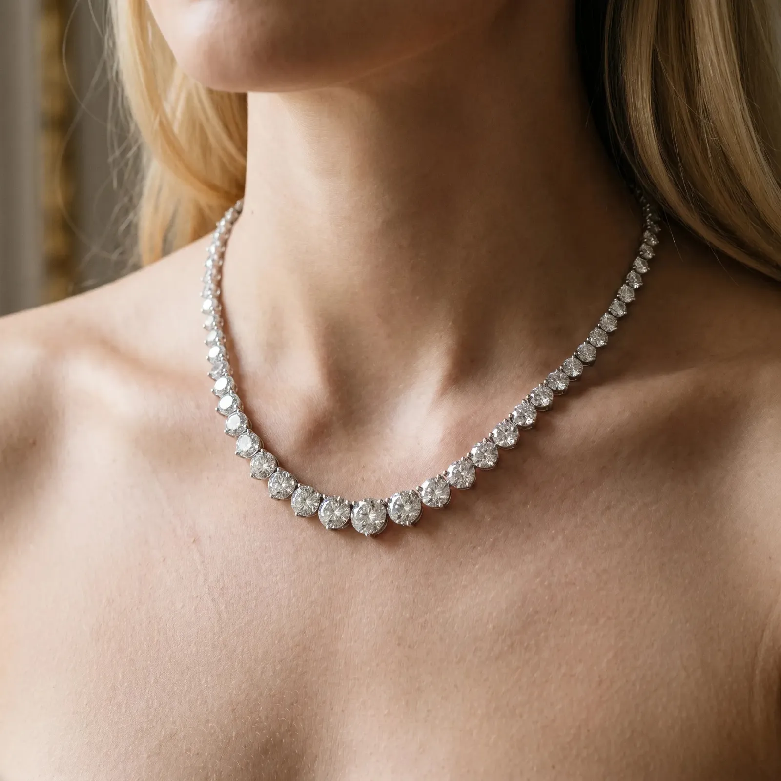 Round Cut Brilliant Graduated Diamond Tennis Necklace with Four-Prong Setting Silver