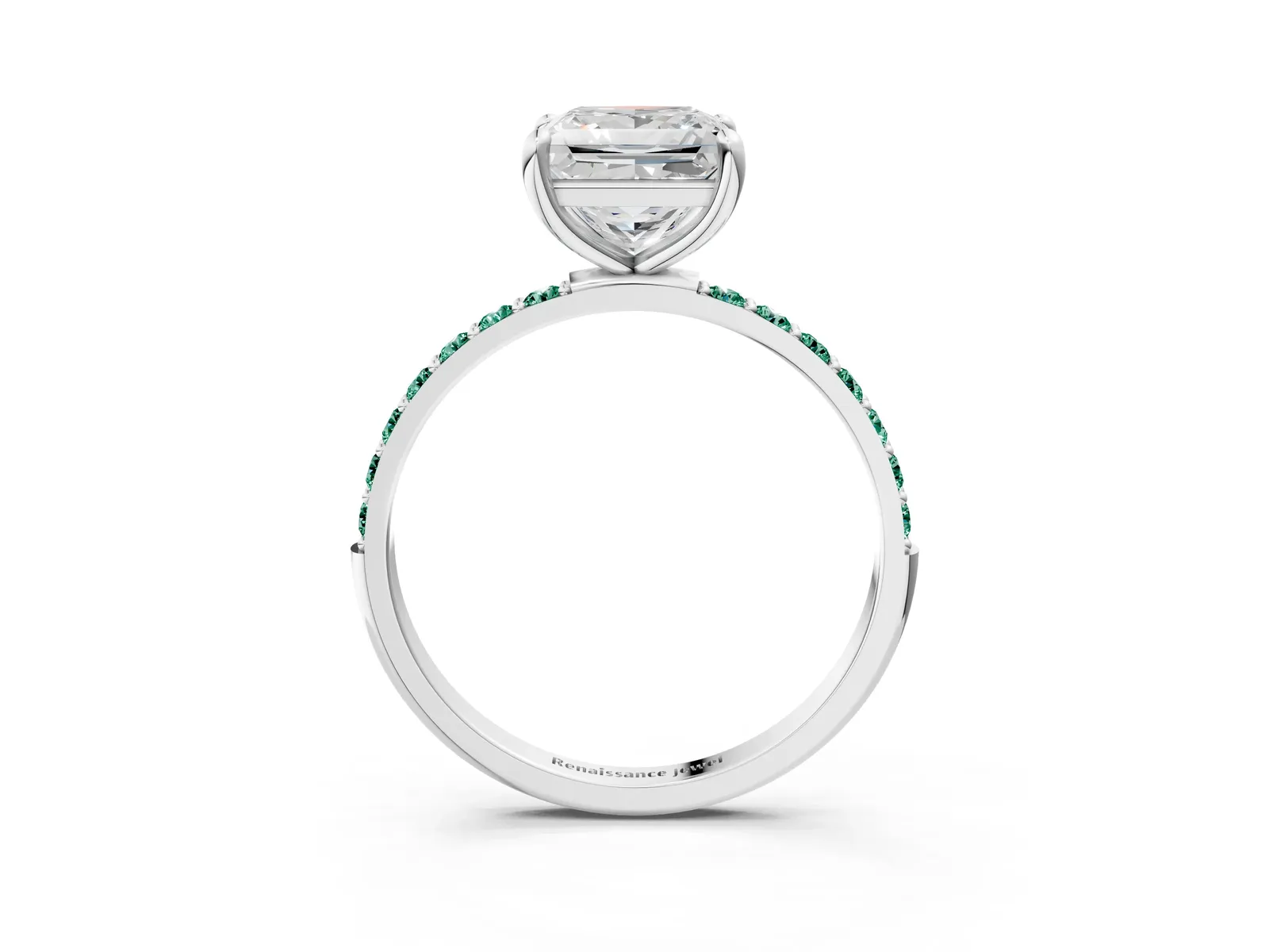 Princess Cut Diamond Solitaire Ring with Round Green Sapphire Pavé Band and Prong Setting Platinum