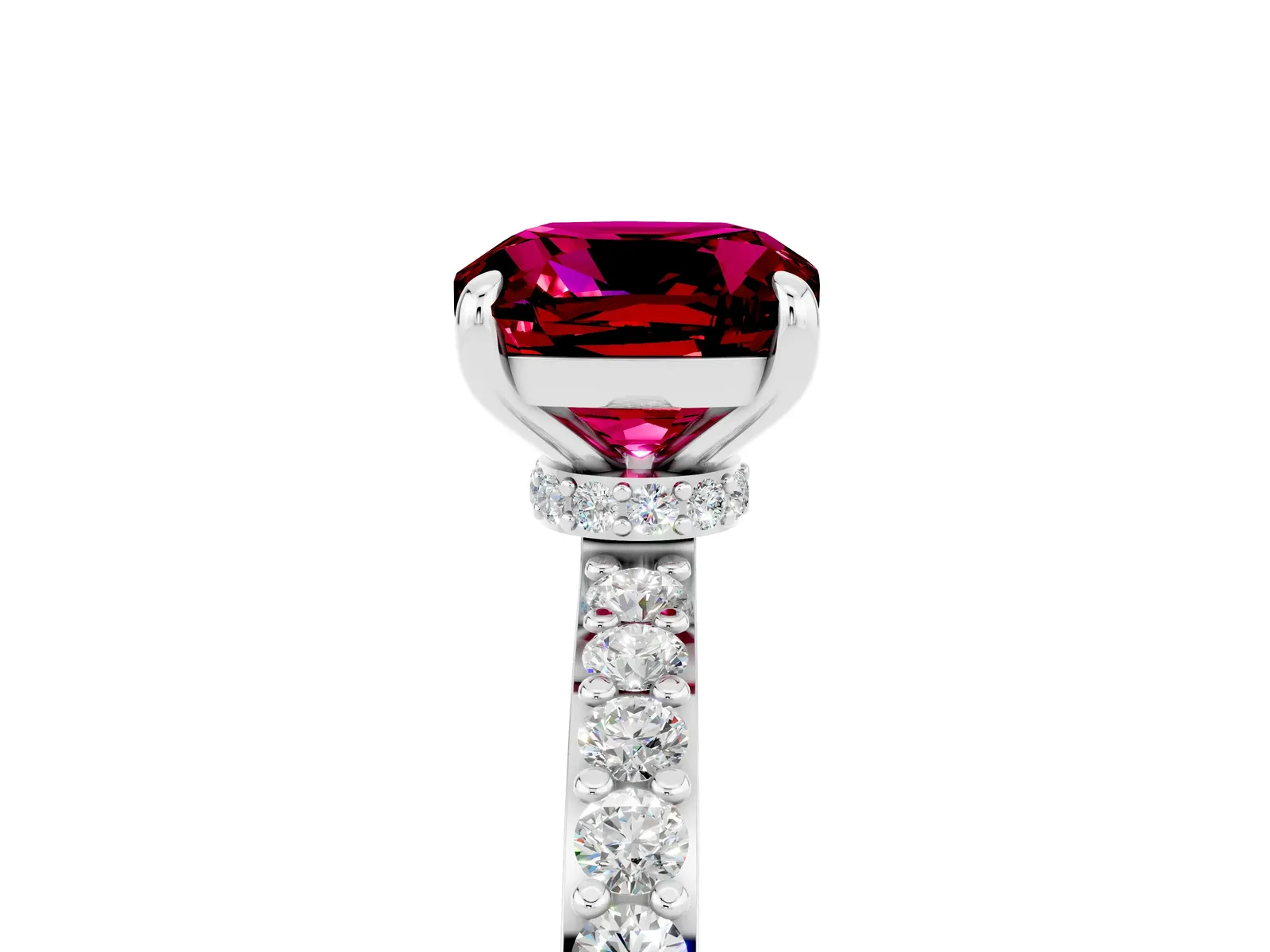 Cushion Cut Garnet Solitaire Engagement Ring with Pavé Band and Four-Prong Setting Platinum