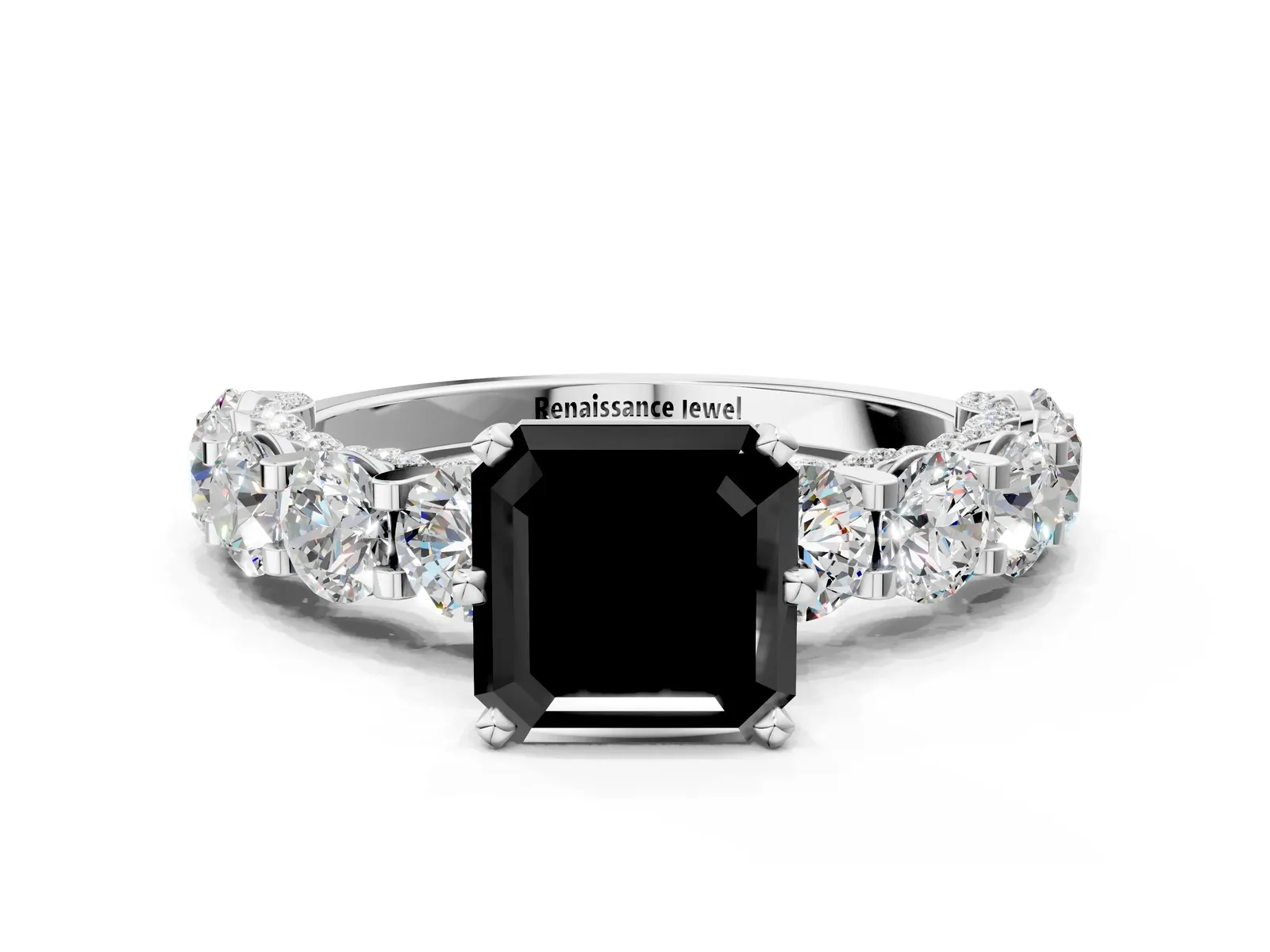 Fancy Black Asscher Cut Diamond Side Stone Engagement Ring with Four-Prong Setting Silver