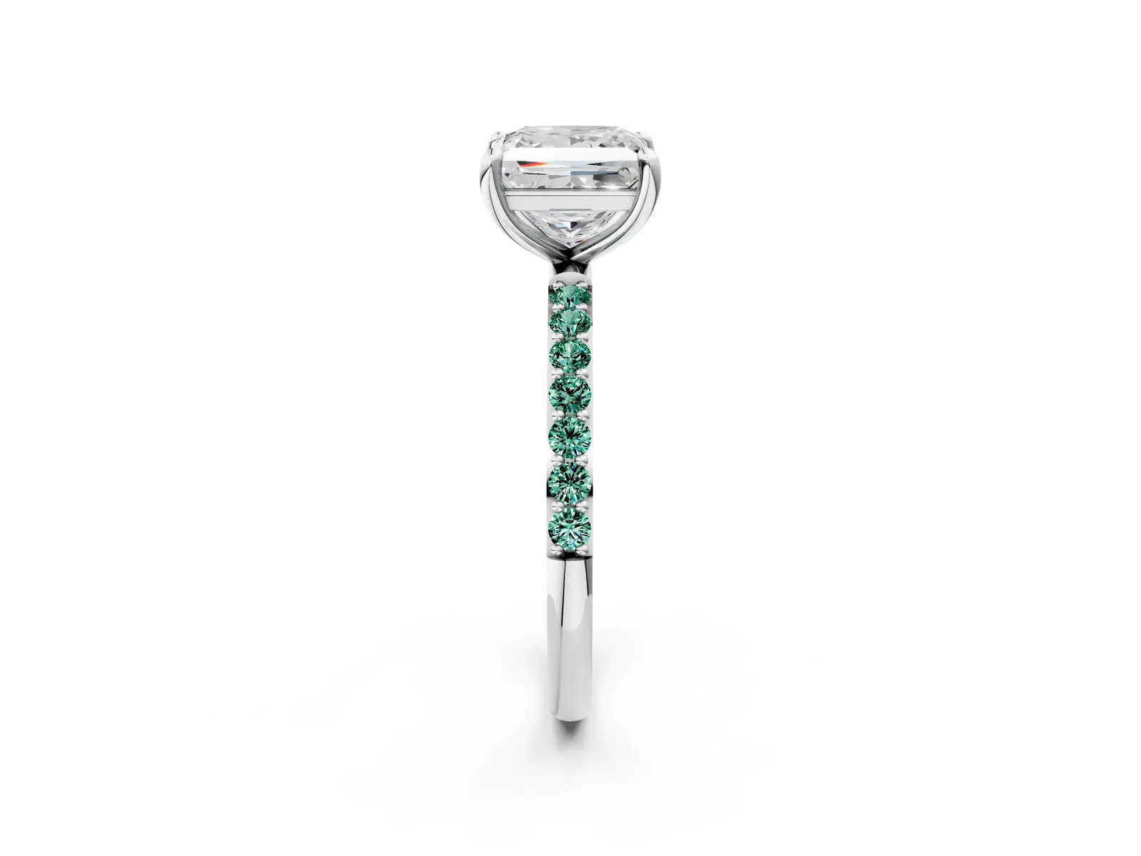 Princess Cut Diamond Solitaire Ring with Round Green Sapphire Pavé Band and Prong Setting Platinum