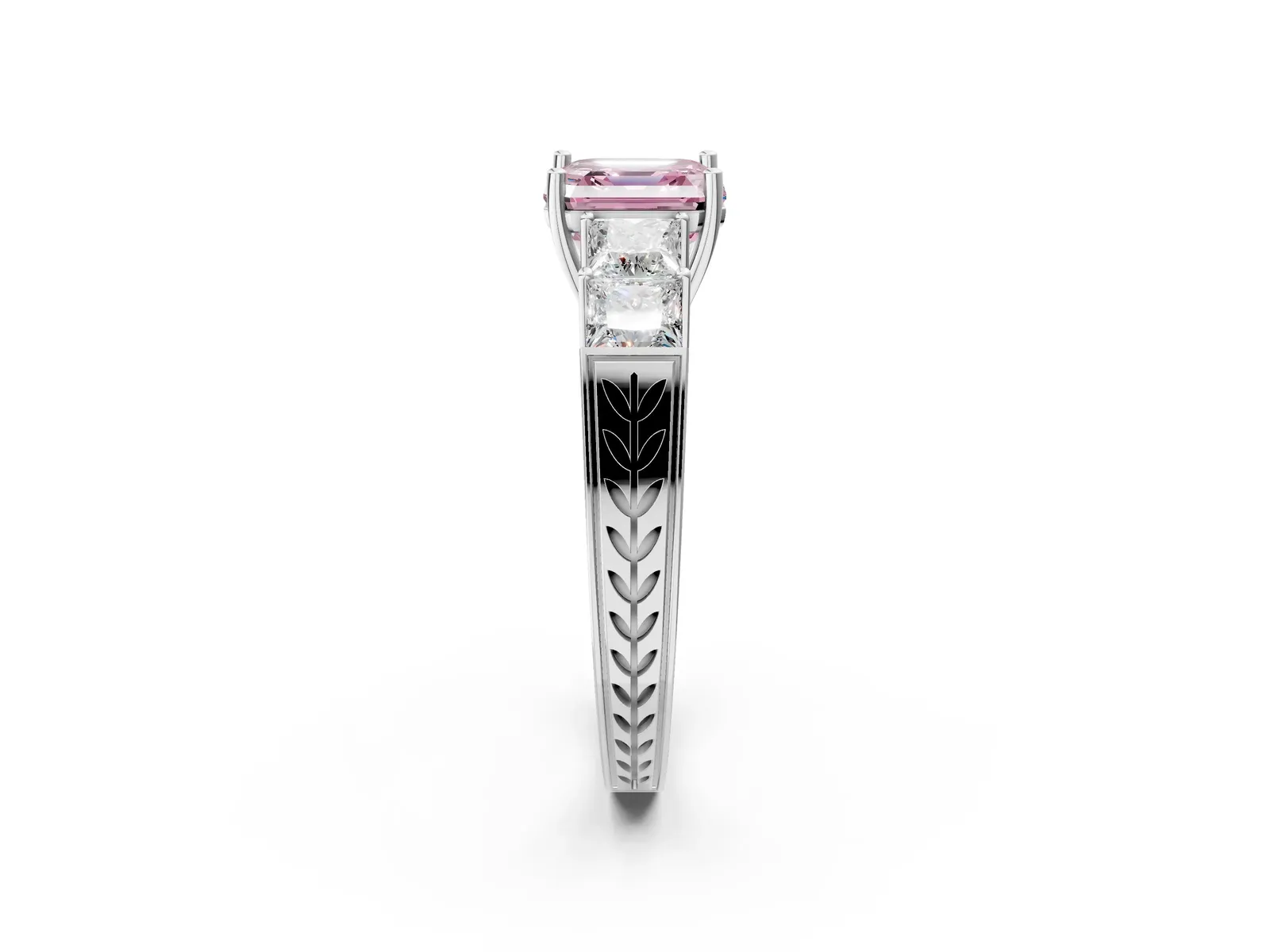Fancy Pink Asscher Cut Solitaire Princess Side Stone Engraved Band Prong Setting Ring Platinum