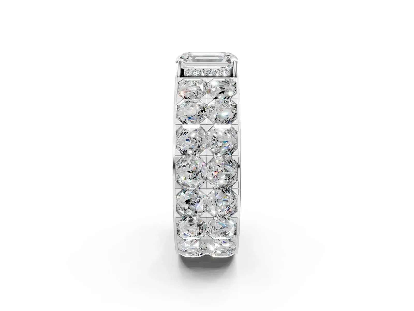 Emerald Cut Diamond Radiant Pavé Mens Ring Silver