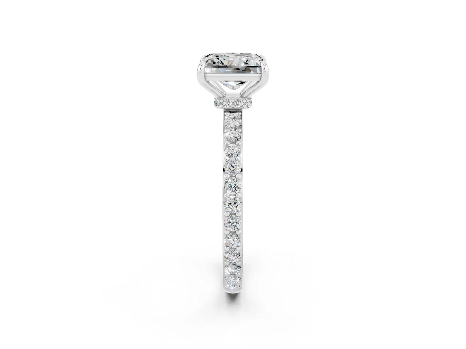 Princess Cut Moissanite Solitaire Engagement Ring with Pavé Band and Four-Prong Setting Platinum