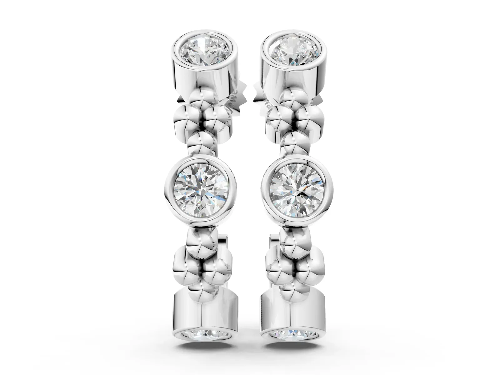 Bezel Set Round Diamond Beaded Hoop Earrings White gold