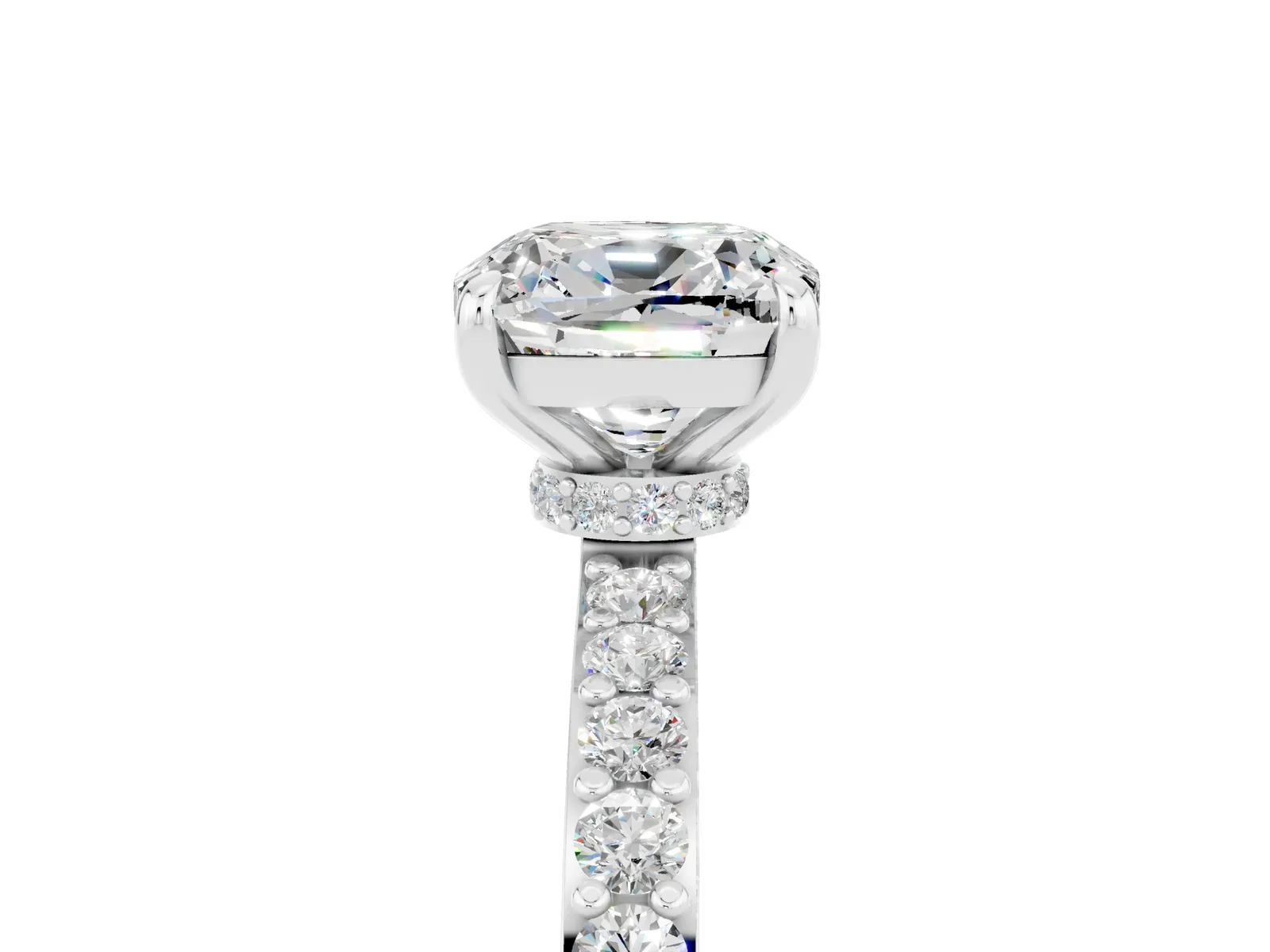 Cushion Cut Moissanite Solitaire Engagement Ring with Pavé Band and Four-Prong Setting Platinum